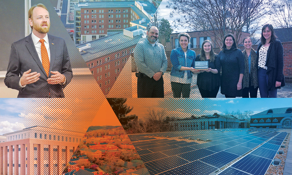 Collage of UVA buildings and Sustainability employees