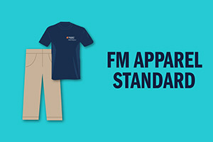Graphic illustration of a pair of work pants and a Facilities Management t-shirt