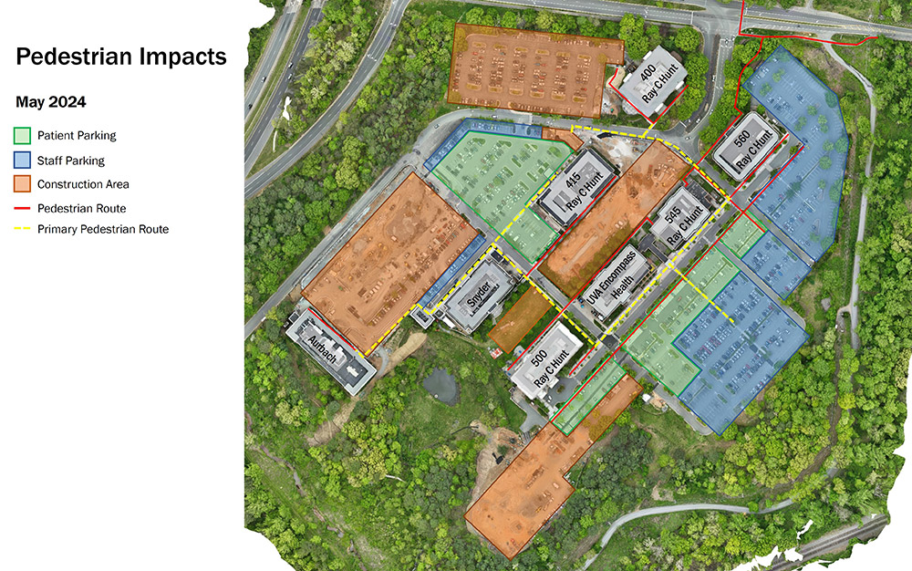 Aerial rendering of Fontaine Research Park, existing pedestrian routes as of May 2024