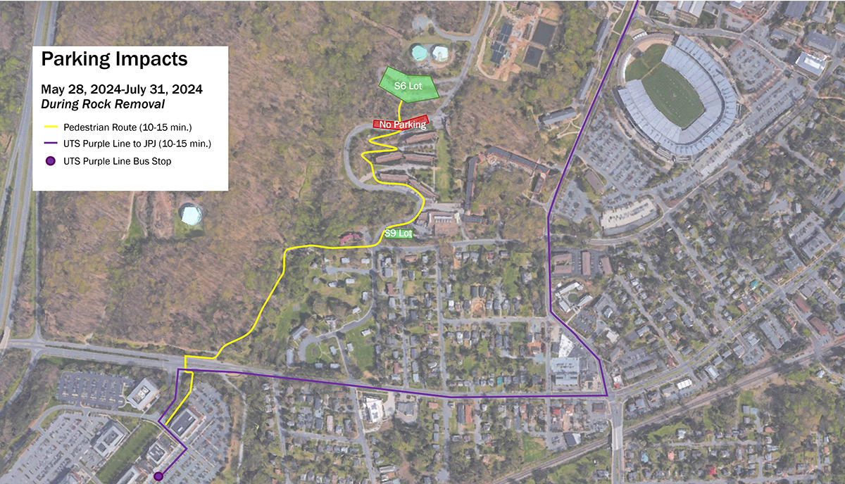 Aerial rendering of Fontaine Research Park and the pedestrian route available during blasting