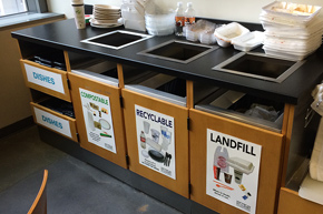 Bins in a row labeled for dishes, compostables, recyclables and landfill items